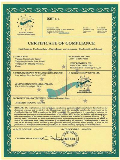 CE certificate of pressure gauges